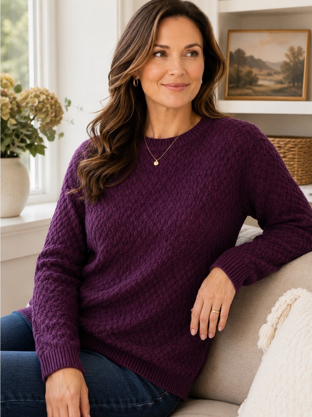Lands’ End Textured Cotton Sweater Women’s Medium Purple Crewneck Pullover